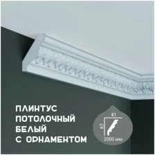 Карниз с орнаментом Fabello Decor C 1003, плинтус потолочный белый грунтованный из полиуретана, профиль для потолка, 41*67*2000 мм